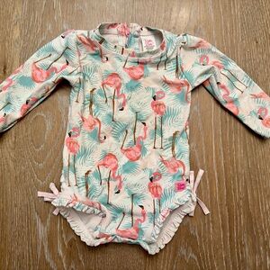 RuffleButts Tropical pink Flamingo Baby swimsuit one piece with snaps, 12-18m